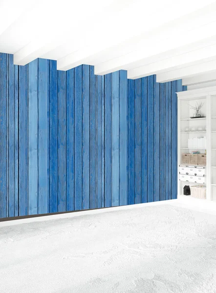 Beyaz boş yatak odası en az stil iç tasarım ahşap duvar ve boşaltmak. 3D render.