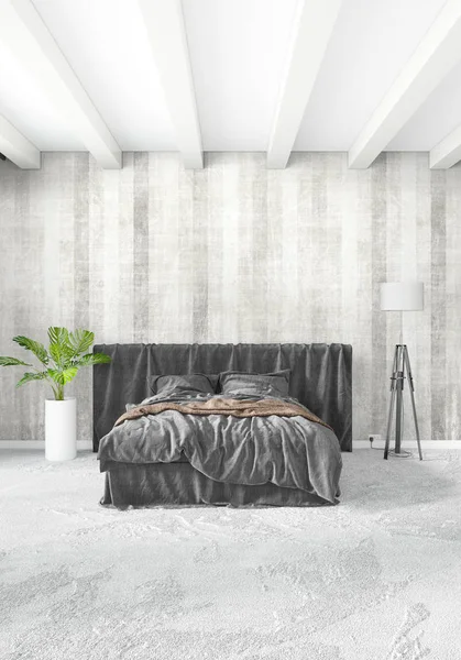 Çatı katı yatak odasında modern tarzı iç tasarım eklektik duvar ve şık kanepe. 3D render.