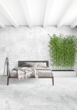 Çatı katı yatak odasında modern tarzı iç tasarım eklektik duvar ve şık kanepe. 3D render.