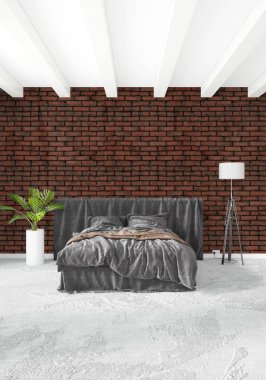 Çatı katı yatak odasında modern tarzı iç tasarım eklektik duvar ve şık kanepe. 3D render.