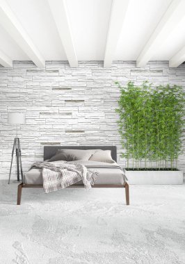 Çatı katı yatak odasında modern tarzı iç tasarım eklektik duvar ve şık kanepe. 3D render.