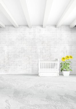 Çatı odasında modern tarzı iç tasarım eklektik duvar ve boşaltmak dikey kavramı. 3D render.