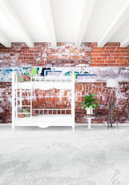 Çatı odasında modern tarzı iç tasarım eklektik duvar ve boşaltmak dikey kavramı. 3D render.