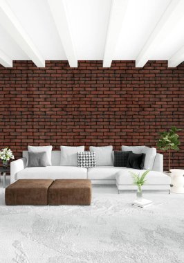 Çatı katı yatak odasında modern tarzı iç tasarım eklektik duvar ve şık kanepe. 3D render.