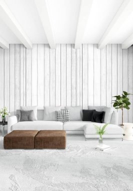 Çatı katı yatak odasında modern tarzı iç tasarım eklektik duvar ve şık kanepe. 3D render.