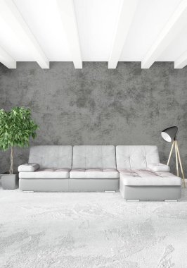 Çatı katı yatak odasında modern tarzı iç tasarım eklektik duvar ve şık kanepe. 3D render.