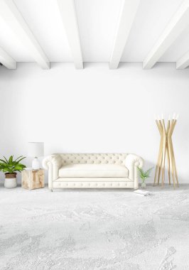 Çatı katı yatak odasında modern tarzı iç tasarım eklektik duvar ve şık kanepe. 3D render.