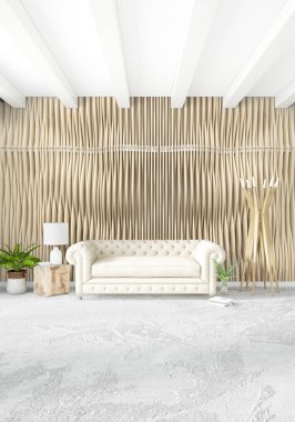 Çatı katı yatak odasında modern tarzı iç tasarım eklektik duvar ve şık kanepe. 3D render.