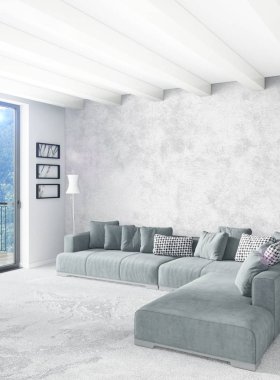 Çatı katı yatak odasında modern tarzı iç tasarım eklektik duvar ve şık kanepe. 3D render.