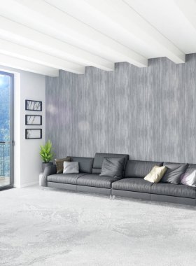 Çatı katı yatak odasında modern tarzı iç tasarım eklektik duvar ve şık kanepe. 3D render.