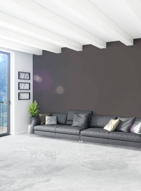 Çatı katı yatak odasında modern tarzı iç tasarım eklektik duvar ve şık kanepe. 3D render.