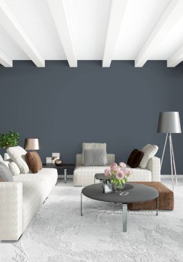 Çatı katı yatak odasında modern tarzı iç tasarım eklektik duvar ve şık kanepe. 3D render.