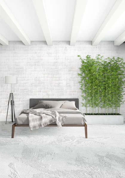 Çatı katı yatak odasında modern tarzı iç tasarım eklektik duvar ve şık kanepe. 3D render.