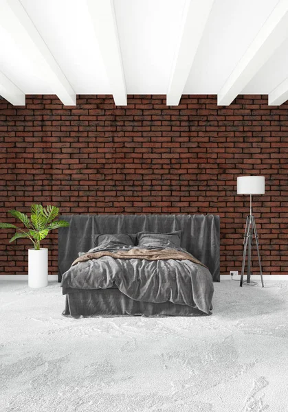 Çatı katı yatak odasında modern tarzı iç tasarım eklektik duvar ve şık kanepe. 3D render.