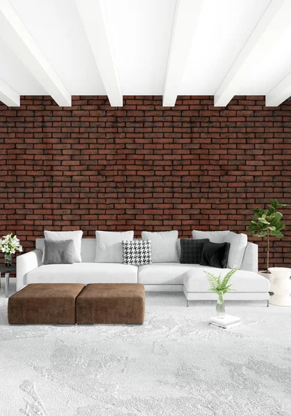 Çatı katı yatak odasında modern tarzı iç tasarım eklektik duvar ve şık kanepe. 3D render.