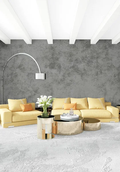 Çatı katı yatak odasında modern tarzı iç tasarım eklektik duvar ve şık kanepe. 3D render.