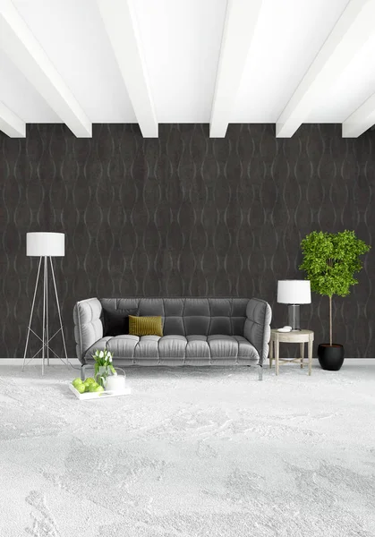 Çatı katı yatak odasında modern tarzı iç tasarım eklektik duvar ve şık kanepe. 3D render.