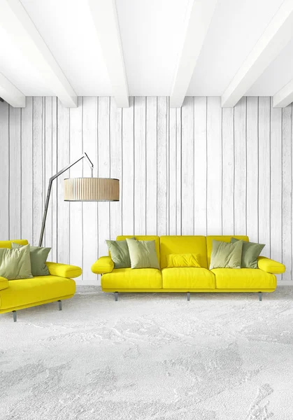 Dormitorio amarillo o sala de estar en estilo moderno Diseño de interiores con pared exudante y muebles elegantes. Renderizado 3D . —  Fotos de Stock