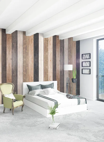 Çatı katı yatak odasında modern tarzı iç tasarım eklektik duvar ve şık kanepe. 3D render.