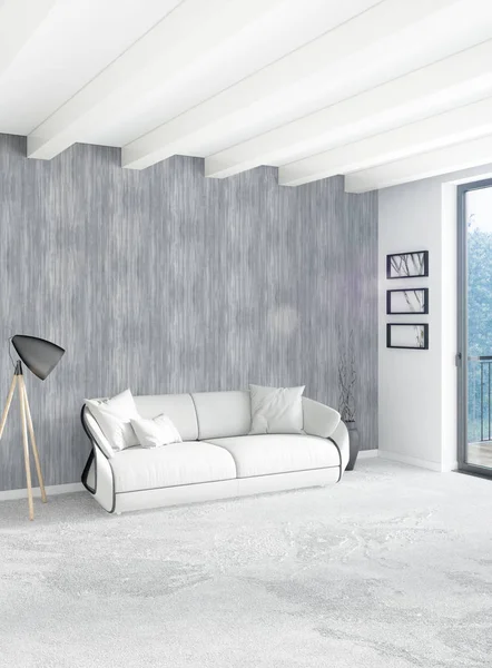 Çatı katı yatak odasında modern tarzı iç tasarım eklektik duvar ve şık kanepe. 3D render.