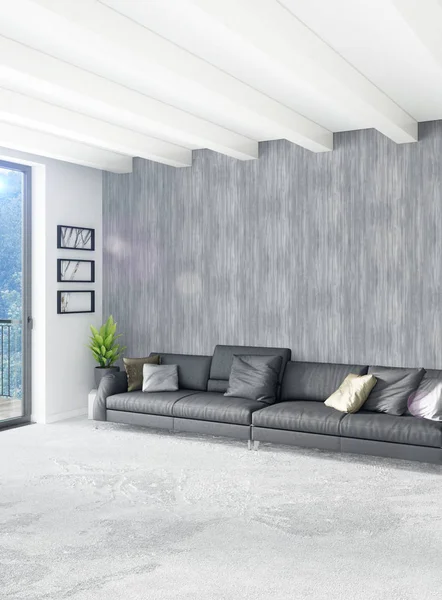 Çatı katı yatak odasında modern tarzı iç tasarım eklektik duvar ve şık kanepe. 3D render.