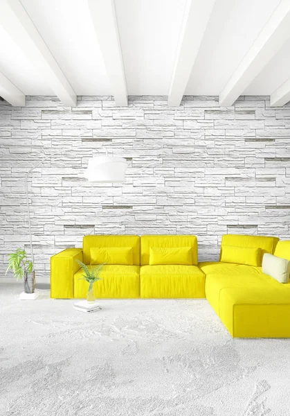 Kamar tidur kuning atau ruang tamu dengan gaya modern Desain interior dengan dinding yang memancar dan perabotan bergaya. Perenderan 3D . — Stok Foto