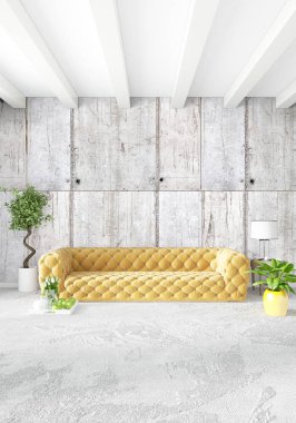 Çatı katı yatak odasında modern tarzı iç tasarım eklektik duvar ve şık kanepe. 3D render.