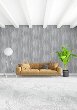 Çatı katı yatak odasında modern tarzı iç tasarım eklektik duvar ve şık kanepe. 3D render.