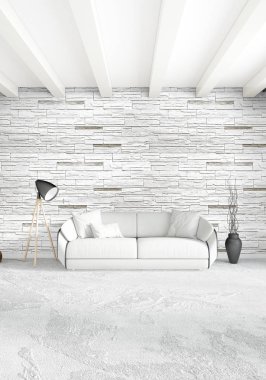 Çatı katı yatak odasında modern tarzı iç tasarım eklektik duvar ve şık kanepe. 3D render.