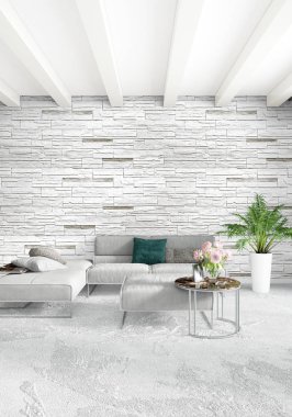 Çatı katı yatak odasında modern tarzı iç tasarım eklektik duvar ve şık kanepe. 3D render.