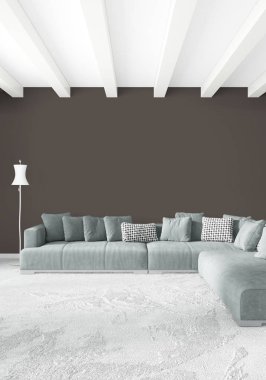 Çatı katı yatak odasında modern tarzı iç tasarım eklektik duvar ve şık kanepe. 3D render.