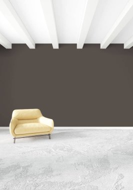 Çatı katı yatak odasında modern tarzı iç tasarım eklektik duvar ve şık kanepe. 3D render.