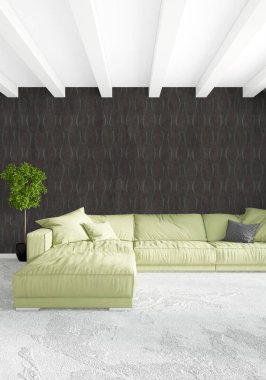 Çatı katı yatak odasında modern tarzı iç tasarım eklektik duvar ve şık kanepe. 3D render.