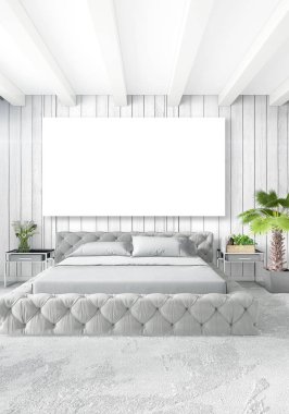 Çatı katı yatak odasında modern tarzı iç tasarım eklektik duvar ve şık kanepe. 3D render.