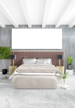 Çatı katı yatak odasında modern tarzı iç tasarım eklektik duvar ve şık kanepe. 3D render.