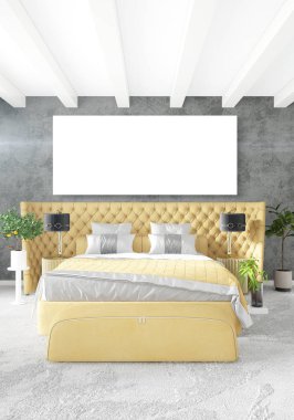 Çatı katı yatak odasında modern tarzı iç tasarım eklektik duvar ve şık kanepe. 3D render.