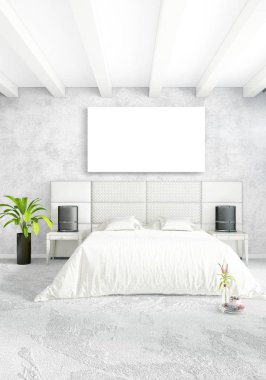 Çatı katı yatak odasında modern tarzı iç tasarım eklektik duvar ve şık kanepe. 3D render.