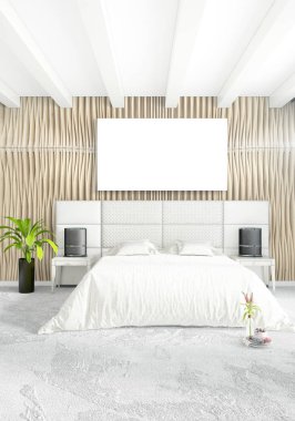 Çatı katı yatak odasında modern tarzı iç tasarım eklektik duvar ve şık kanepe. 3D render.