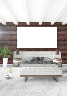 Çatı katı yatak odasında modern tarzı iç tasarım eklektik duvar ve şık kanepe. 3D render.