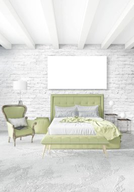 Çatı katı yatak odasında modern tarzı iç tasarım eklektik duvar ve şık kanepe. 3D render.