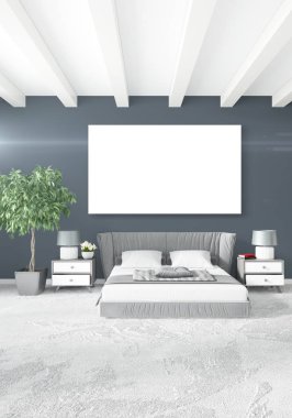 Çatı katı yatak odasında modern tarzı iç tasarım eklektik duvar ve şık kanepe. 3D render.