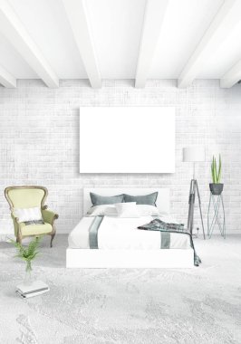 Çatı katı yatak odasında modern tarzı iç tasarım eklektik duvar ve şık kanepe. 3D render.