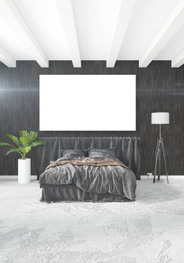 Çatı katı yatak odasında modern tarzı iç tasarım eklektik duvar ve şık kanepe. 3D render.