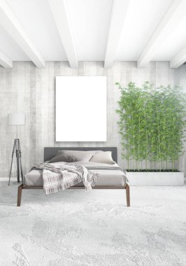 Çatı katı yatak odasında modern tarzı iç tasarım eklektik duvar ve şık kanepe. 3D render.