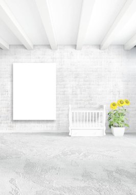 Çatı katı yatak odasında modern tarzı iç tasarım eklektik duvar ve şık kanepe. 3D render.