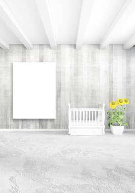 Çatı katı yatak odasında modern tarzı iç tasarım eklektik duvar ve şık kanepe. 3D render.