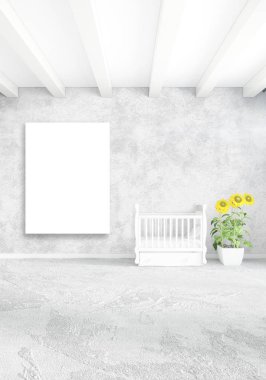 Çatı katı yatak odasında modern tarzı iç tasarım eklektik duvar ve şık kanepe. 3D render.