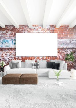 Çatı katı yatak odasında modern tarzı iç tasarım eklektik duvar ve şık kanepe. 3D render.