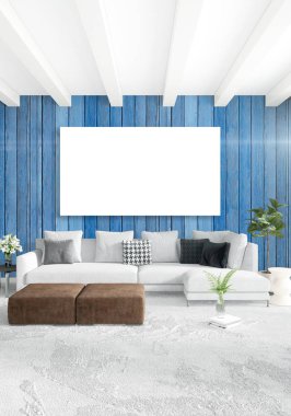 Çatı katı yatak odasında modern tarzı iç tasarım eklektik duvar ve şık kanepe. 3D render.