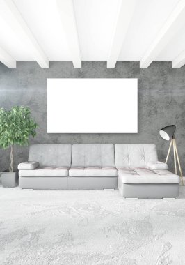 Çatı katı yatak odasında modern tarzı iç tasarım eklektik duvar ve şık kanepe. 3D render.